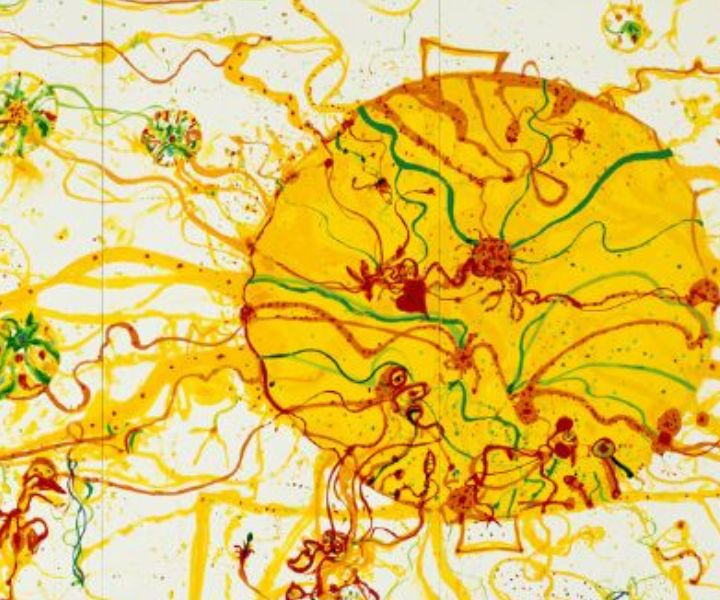 Abstract artwork with a large yellow circle and spidery lines